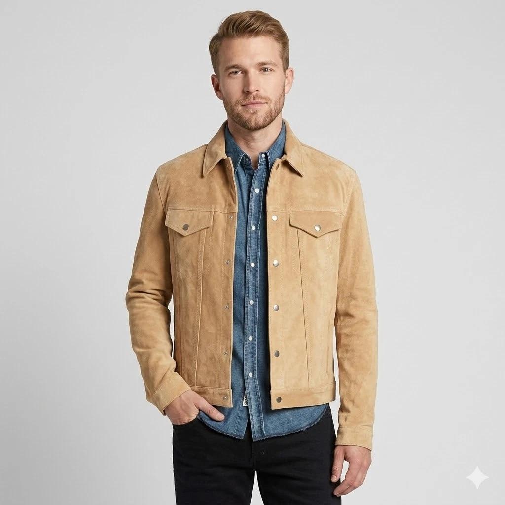 Beige Men’s Stylish Biker Fit Suede Real Soft Lambskin Leather Jacket Motorcycle S бежевый