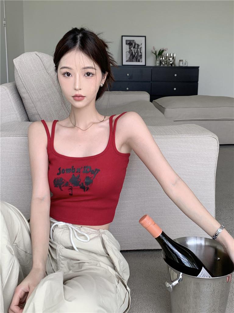 Women's Spaghetti Strap Top Slim Fit Commuter Style Letter Print High Stretch Cropped Ribbed Cami Casual Layering Tank