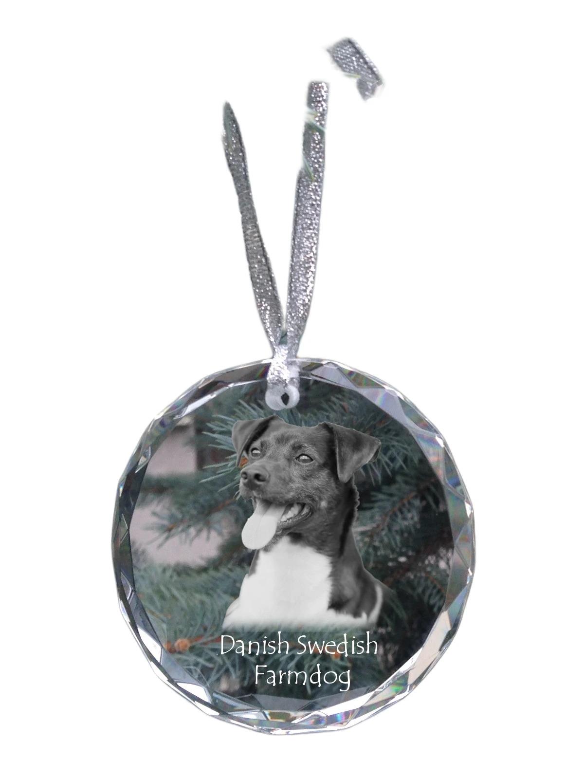 

Danish Swedish Farmdog - crystal bauble with a photo, dog photo in crystal, personalized Christmas tree ornament by Art-Dog brand прозорий