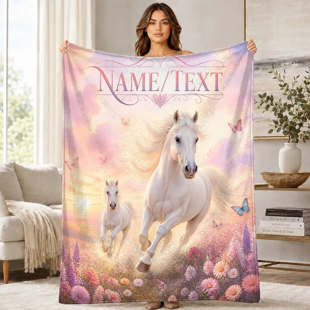 White Horses Running Coral Fleece Blanket Wildflower Meadow Decor