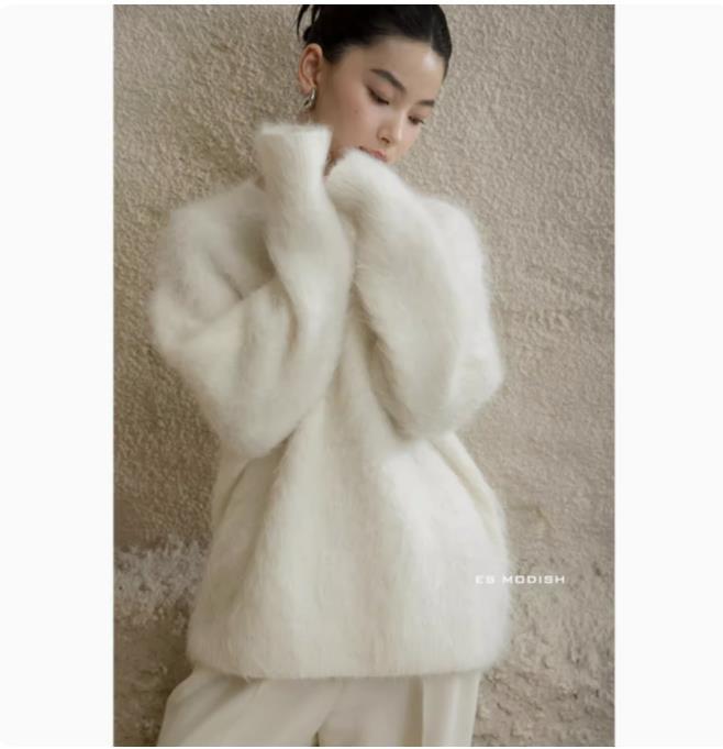 Soft Mink Cashmere Pullover Sweater - Women's Autumn/Winter Cozy Style Milk Knitted Cardigan Thickened Top