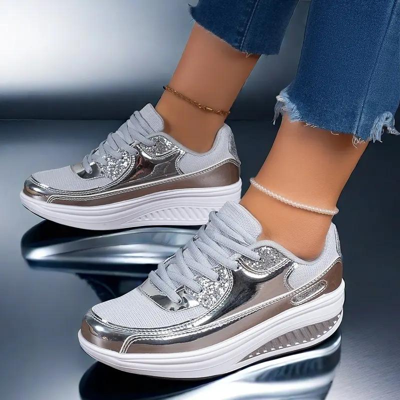 

Women s Metallic Platform Sneakers Glitter Accent Lace-Up Shoes Comfortable Thick Sole Fashion Footwear 43