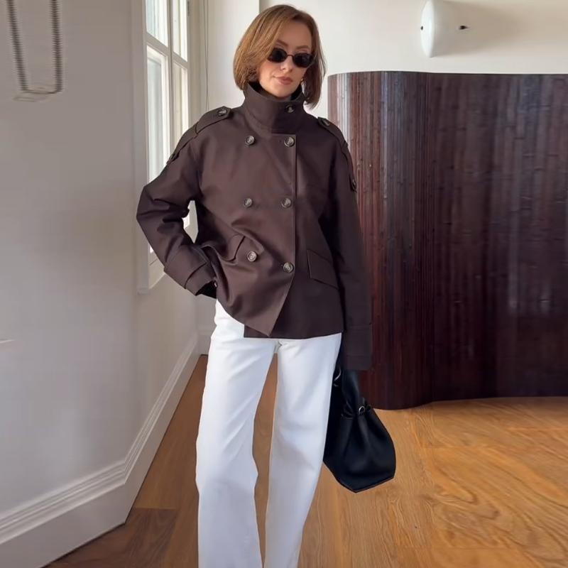 

Stand Up Collar Double Breasted Loose Windbreaker Straight Tube Version Women s Windproof Short Jacket Retro British Style Autumn S