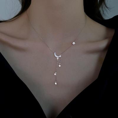 925 Sterling Silver Trendy Star and Moon Necklace with Tassel Chain