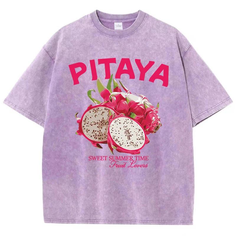 Vintage Woman Washed T-Shirts Fresh Pitaya Printing Tees Crewneck Distressed Cotton Oversize Short Sleeve Fashion Clothes
