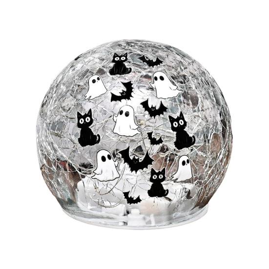 Crackle LED Glass Ball Lamp Halloween Ghost Bat Cat Cracked Ball Light with Warm Light for Halloween Walkway Path Garden Tabletop Decor