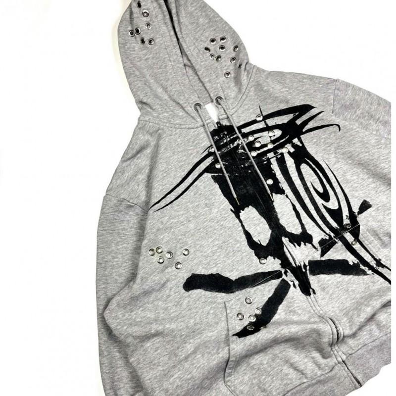 Y2K Punk Streetwear Hooded Long Sleeve Zip-Up Graphic Sweatshirt Women Loose Fit Dark Aesthetic