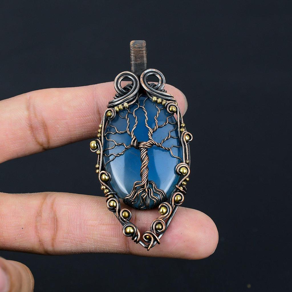Tree Of Life Blue Chalcedony Gemstone Pure Copper Wire Wrapped Handmade Pendant Jewelry
