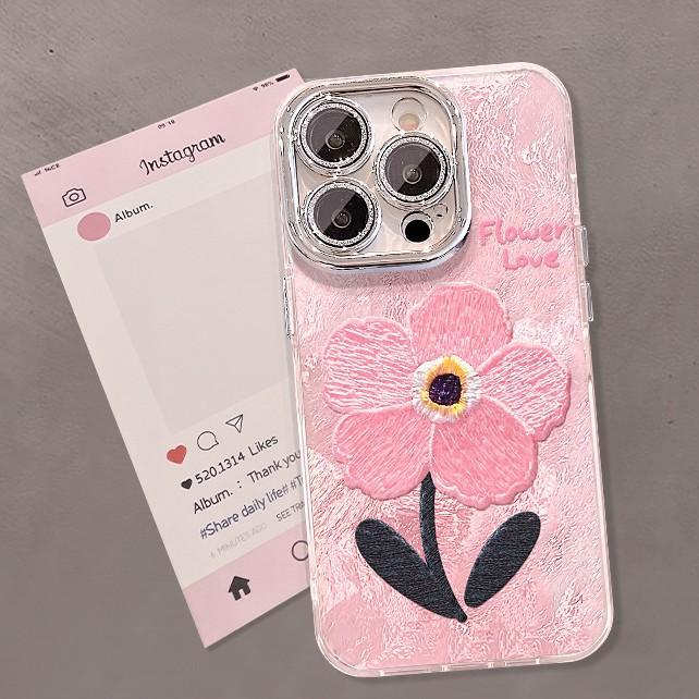 Pink Embroidered Flowers Suitable for Apple 16pro Mobile Phone Case Iphone15 Spring and Summer 14 High-end Feeling 13/12
