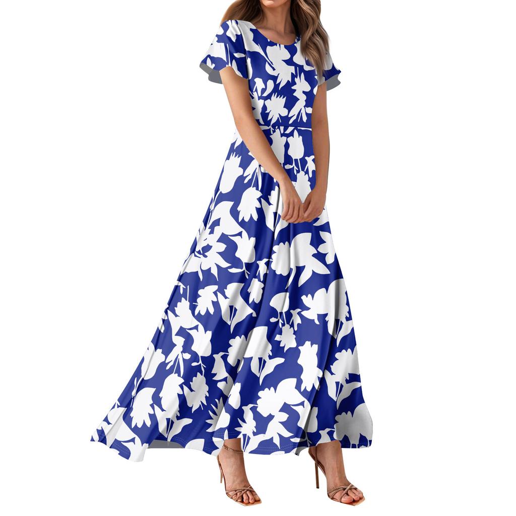 Women's Bohemian Print Casual Round Neck Short Sleeve High Waist Dress Elegant Dress
