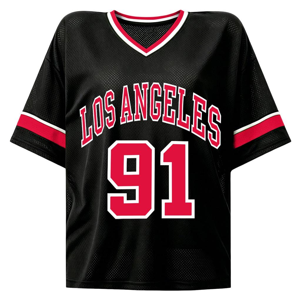 Women’s Short Sleeve V Neck Letter Print Sports Jersey Top Loose Mesh Shirt 91 Casual Style