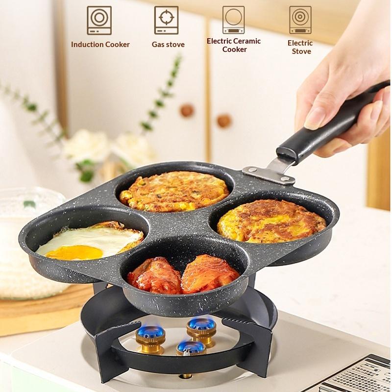 Non Stick 3 4 Hole Egg Frying Pan Wooden Handle Multi Section Skillet for Home Breakfast or Burger Making