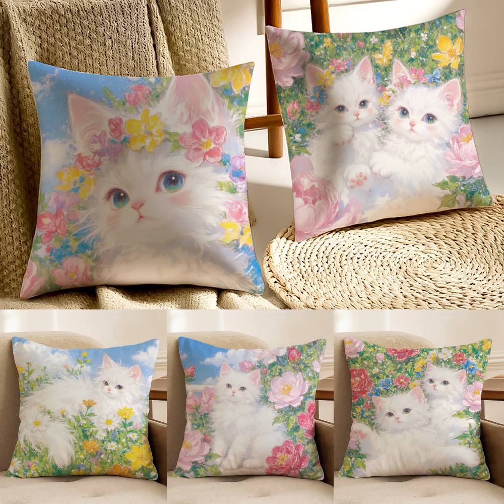 Painting Style KittenS Pillow Case Anti-dustmite Pillowcase Invisible Zipper Silky Sofa Cushion Cover