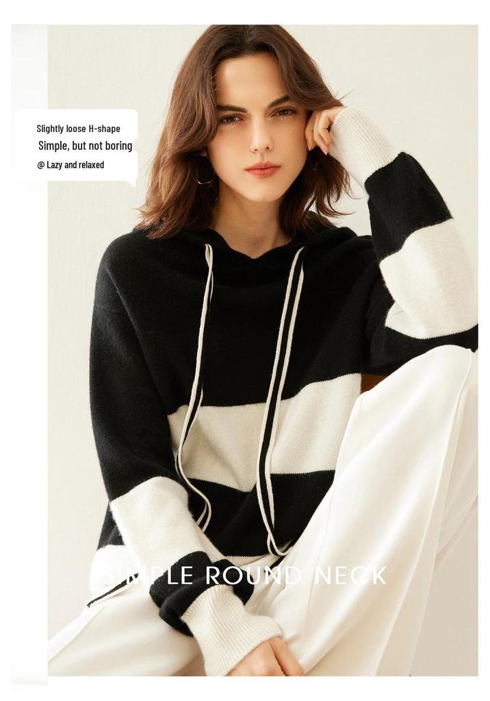 Women's Color Block Cashmere Hooded Pullover - Loose Casual Knitwear Top