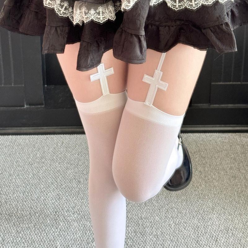 Sommer Dünner Weißer Strumpfhalter Strümpfe Kreuz Dekoration Sexy Strapsstrümpfe Damen Nylon Oberschenkelhohe Socken Y2K Jk Lange Socken One Size white