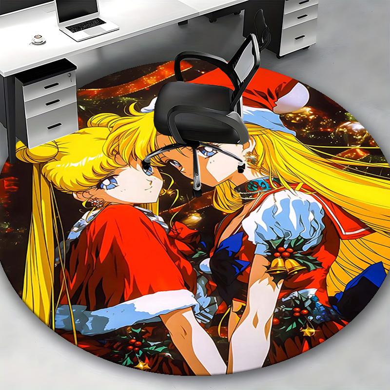 1pc Anime Christmas Sailor Moon Round Carpet Office Chair Mat, NonSlip Rug for Home Decor, Living Room, Bedroom