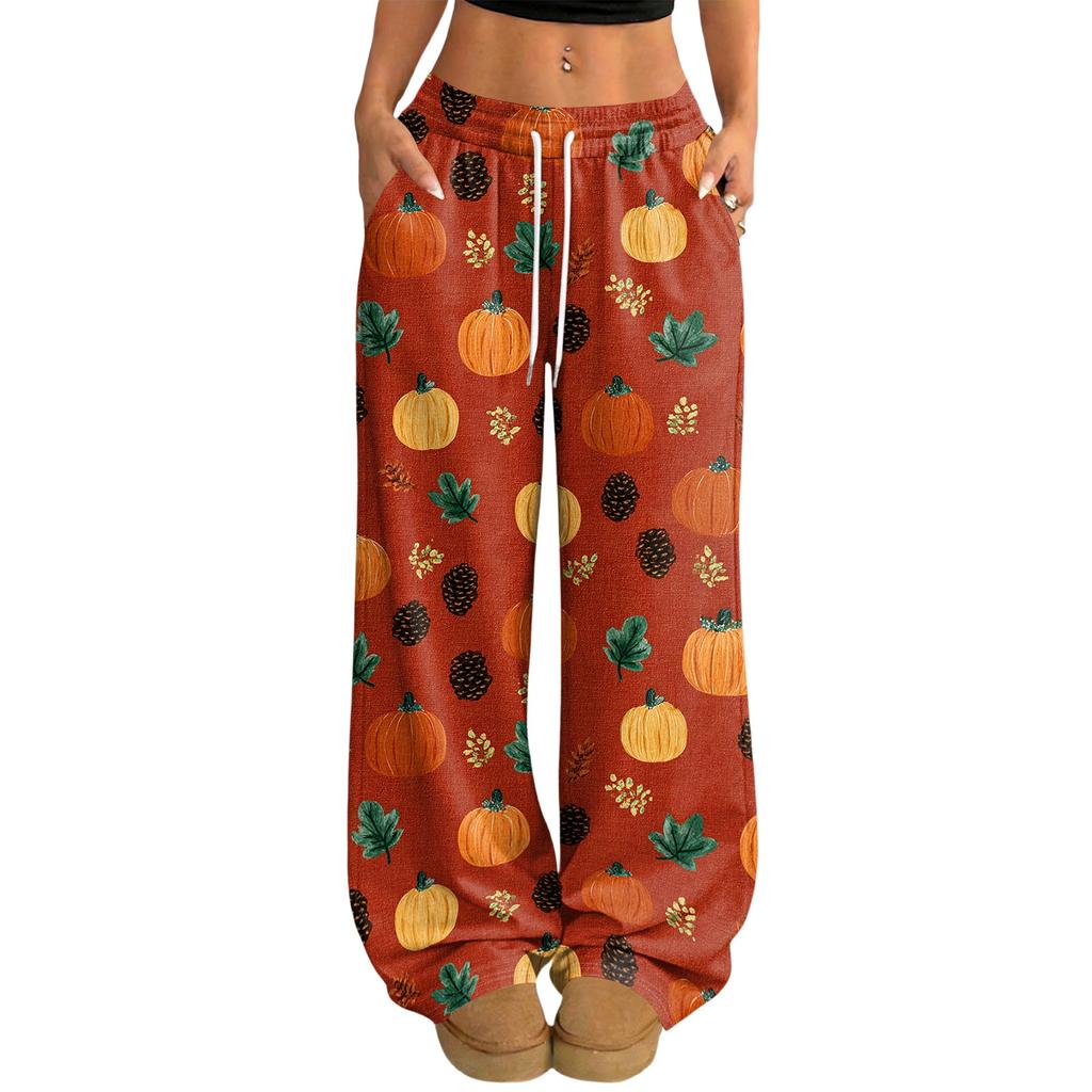 Women's Casual Halloween Print Wide Leg Pants with Elastic Waist and Drawstring for Loose Fit