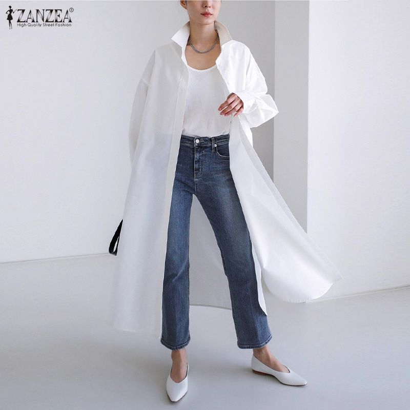 ZANZEA Blouse Longue Décontractée Ample à Manches Longues et Col Rabattu pour Femme