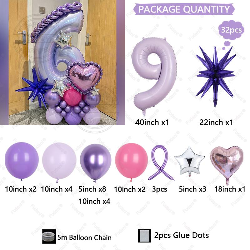 32pcs Purple Explosion Star Love Balloon 40 Inch Number 1-9 Birthday Balloon Set Children's Birthday Party Photography Props