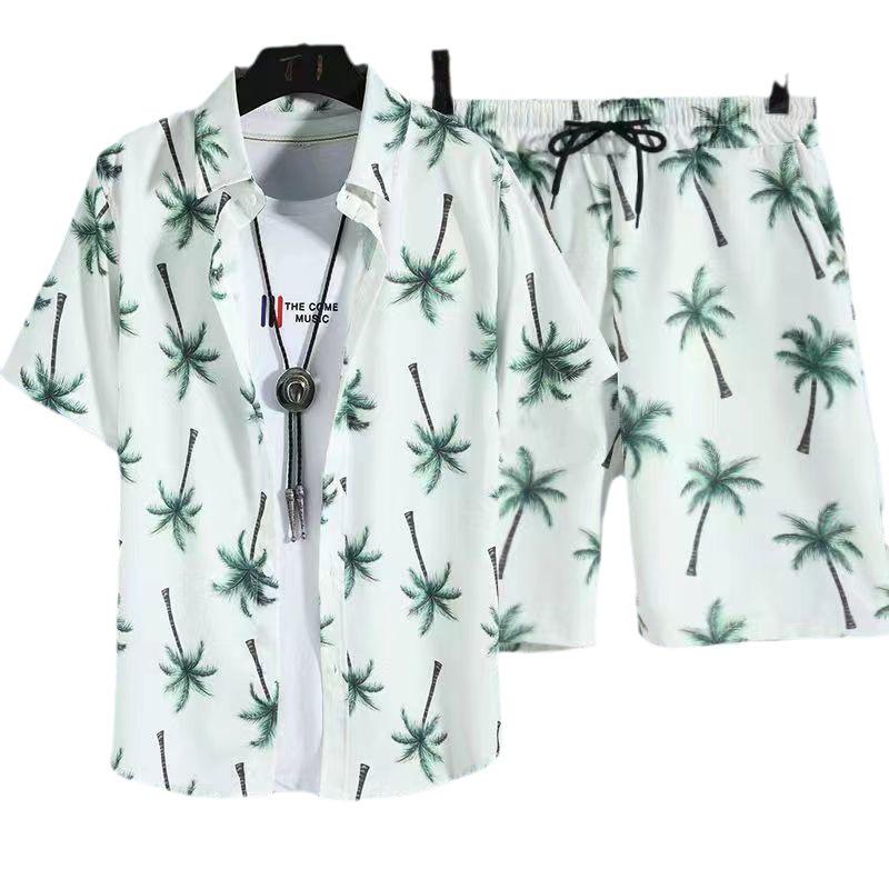 Set Coordinato da Uomo Casual a Maniche Corte Floreale Hawaiano ad Asciugatura Rapida e Pantaloncini da Spiaggia