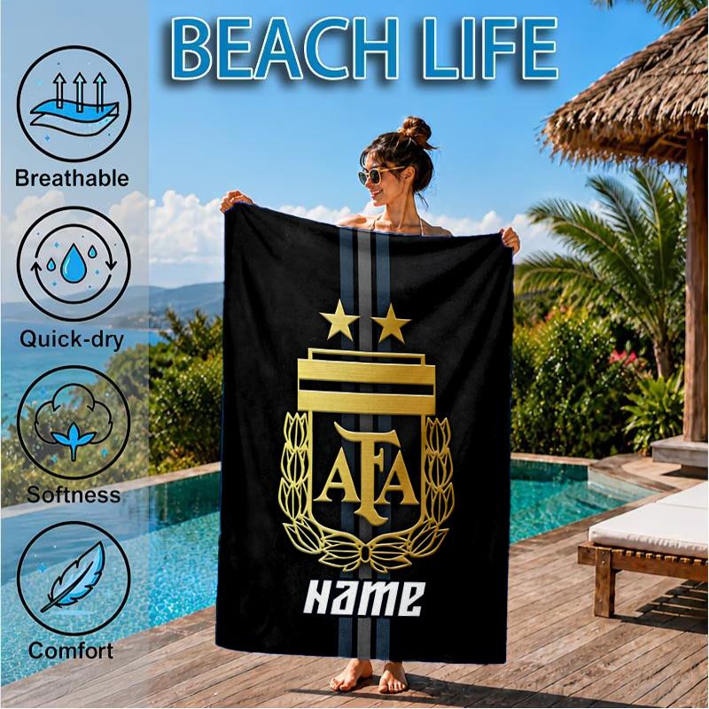 Custom Name Beach Towel Argen-tina Football Crest Microfiber Beach Towel, Lightweight for Summer Travel, Swimming Pool Fan Birthday Gift