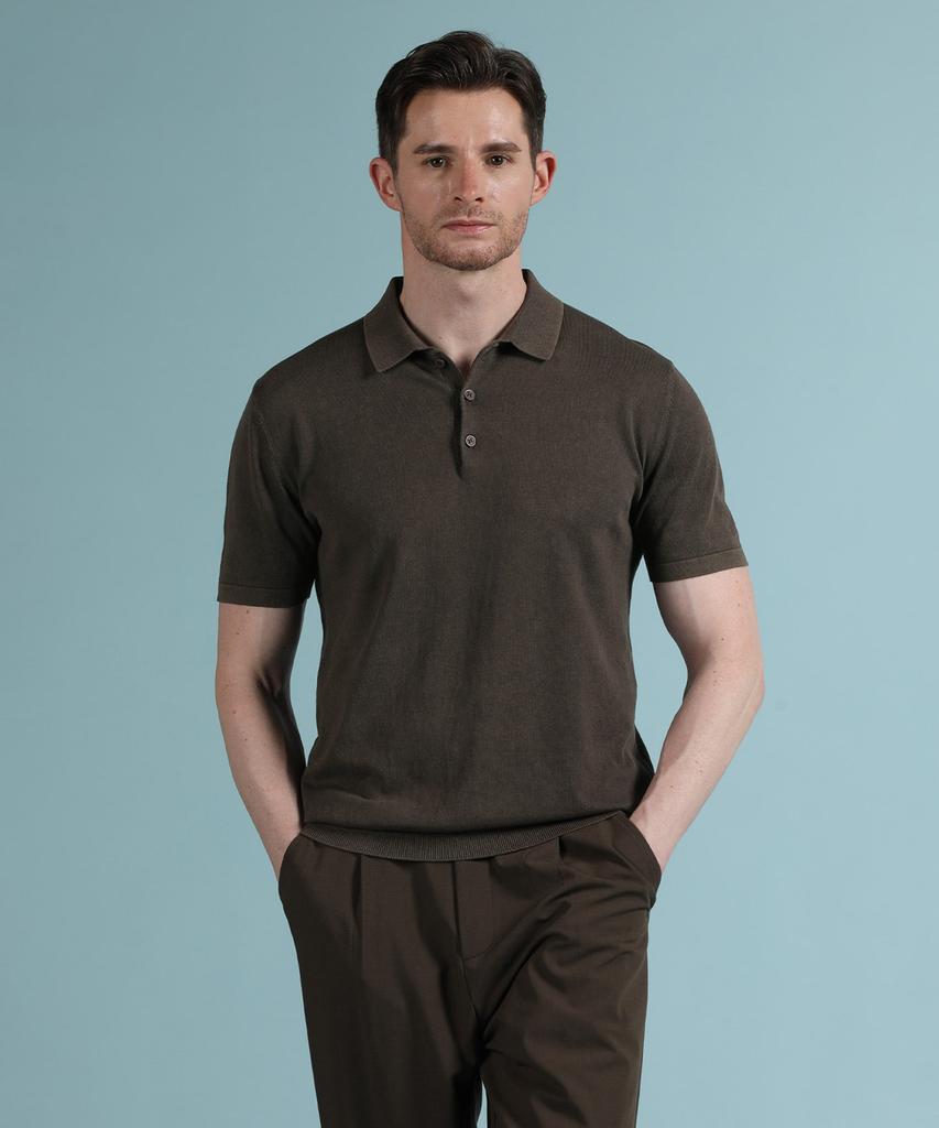 PANICALE Brown Garment-Dyed Polo Knit