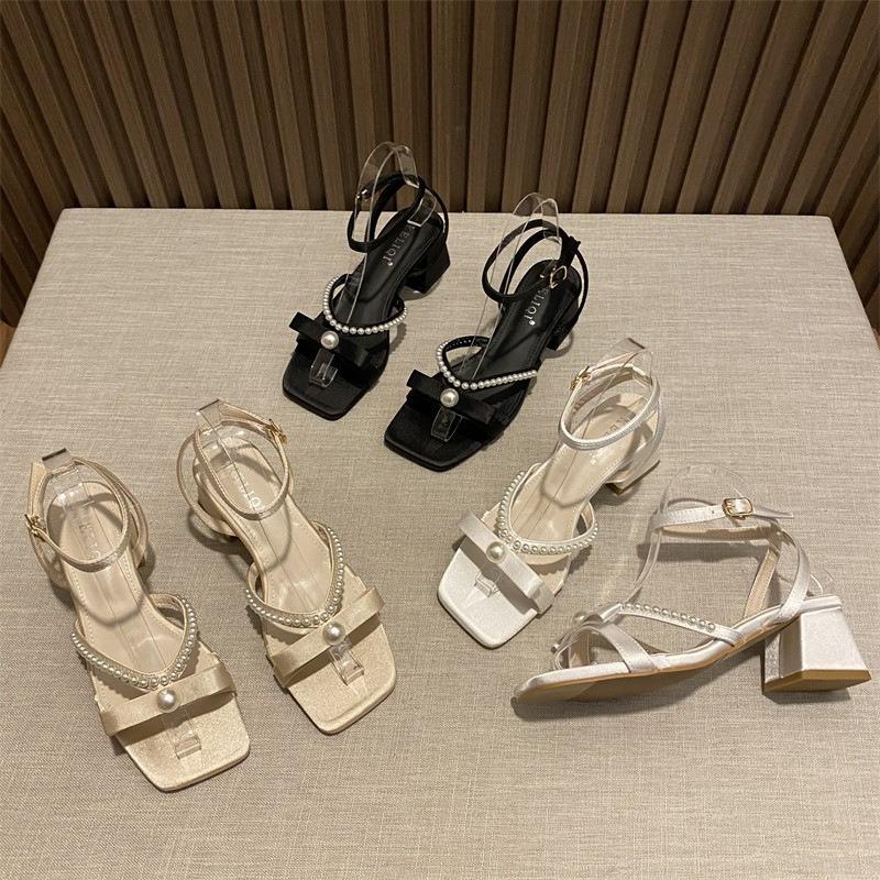 Thick heel elegant satin pearl one-word sandals summer versatile fashion fairy sandals