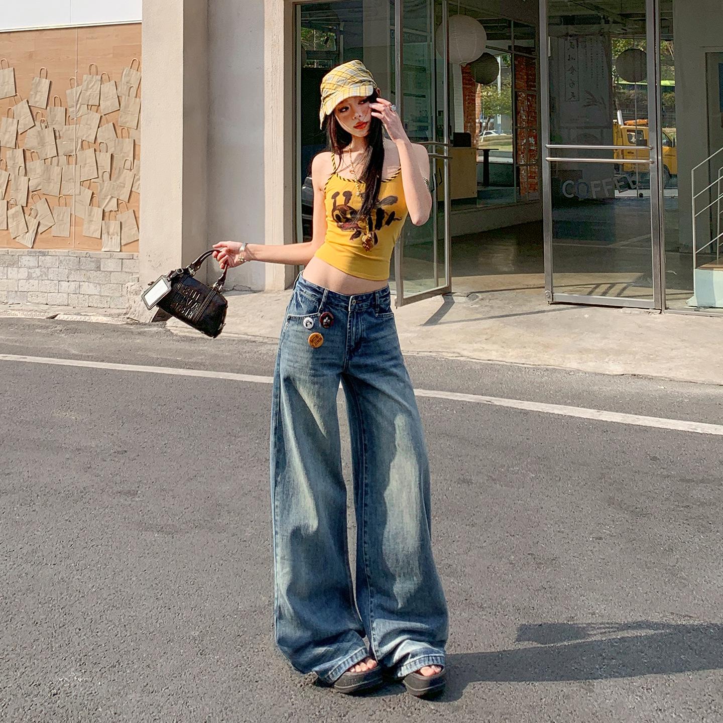 Women s Retro Washed Wide-Leg High-Waisted Slimming Floor-Length Spring Jeans M