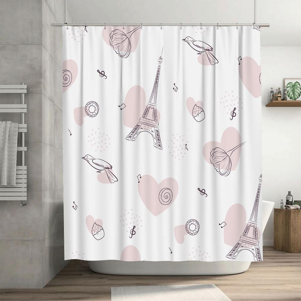 Eiffel Tower Shower Curtain: Romantic French Decor With Musical Notes Hearts Pink Bath Liner For Bathroom Universal Fit (White,