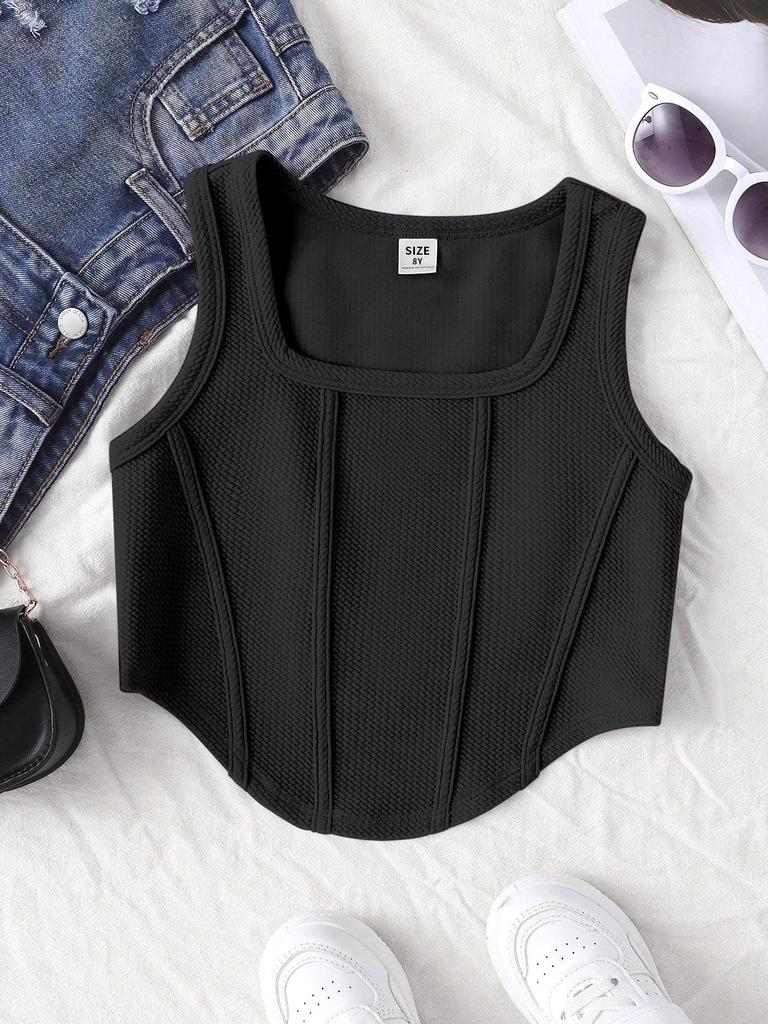 Girls' Summer Fishbone Waist-Cinched Cropped Top, Square Neck Slim Sleeveless Vest