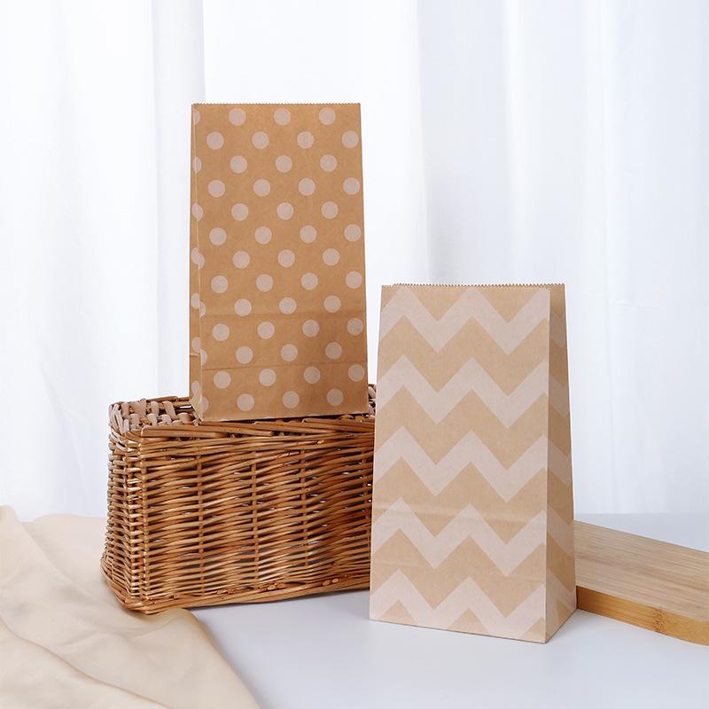 Striped Polka Dot Kraft Paper Bag with Square Bottom for Hamburger, Pastry, Takeout, and Gift Packaging.