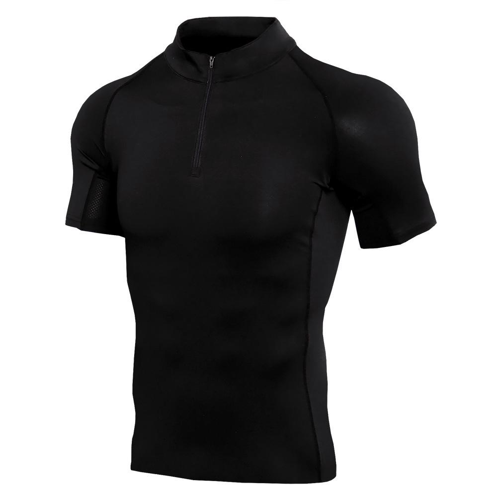 Men's Stand Collar Zipper Fitness Short Sleeve Training Stretch T-shirt Sports Quick-drying Clothes