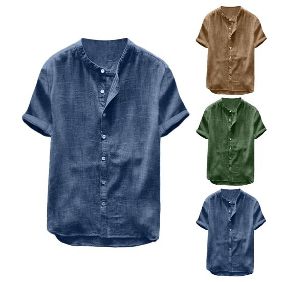 Short Sleeve Beach Shirt Stand Collar Men Solid Color Slim Fit Casual Shirt Streetwear