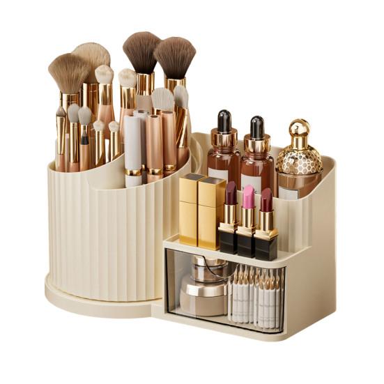 

Cosmetic Storage Box 360 Degree Rotating Makeup Organizer with Brush Holder Transparent Drawer Large Vertical Pattern Cosmetic Storage Box жовтий