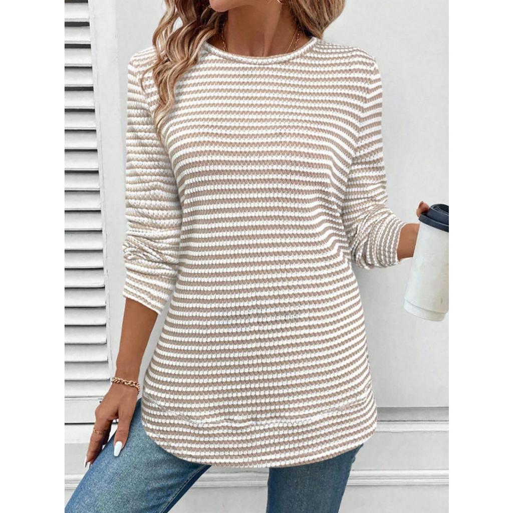Women's Casual Long Sleeve Knit Hollow Stripe Round Neck Pullover T-shirt Top, Autumn Winter Fashion Top for Crossborder