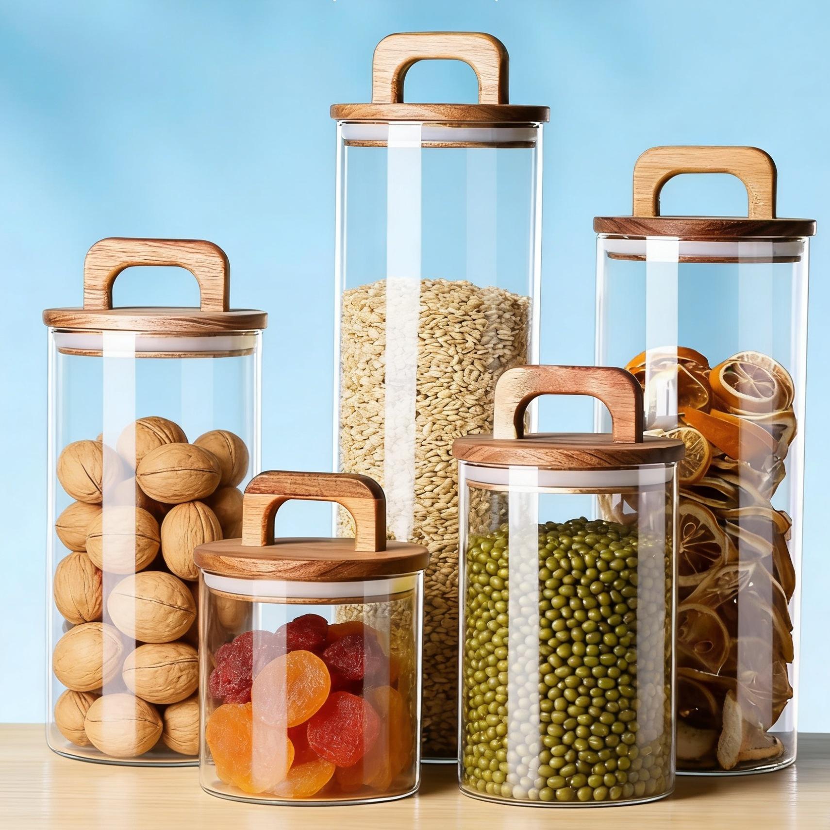 

American-Style Glass Storage Jar with Handle for Tea, Food, or Cereal 550ml with Acacia Wood Handle Lid