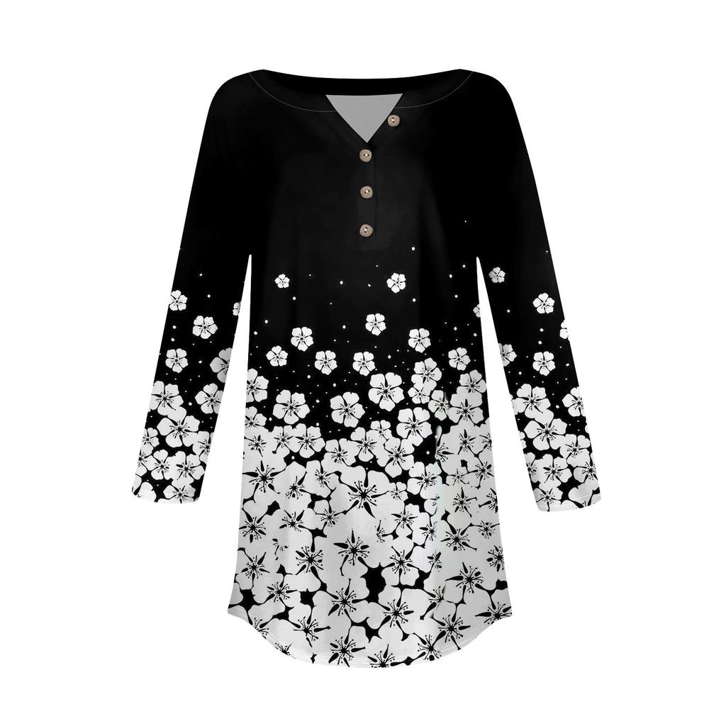 3/4-lengde ermer Dameoverdeler Sommer T-skjorter Blomstertrykk V-hals Casual Basic T-skjorter med knapper Tunikaoverdeler