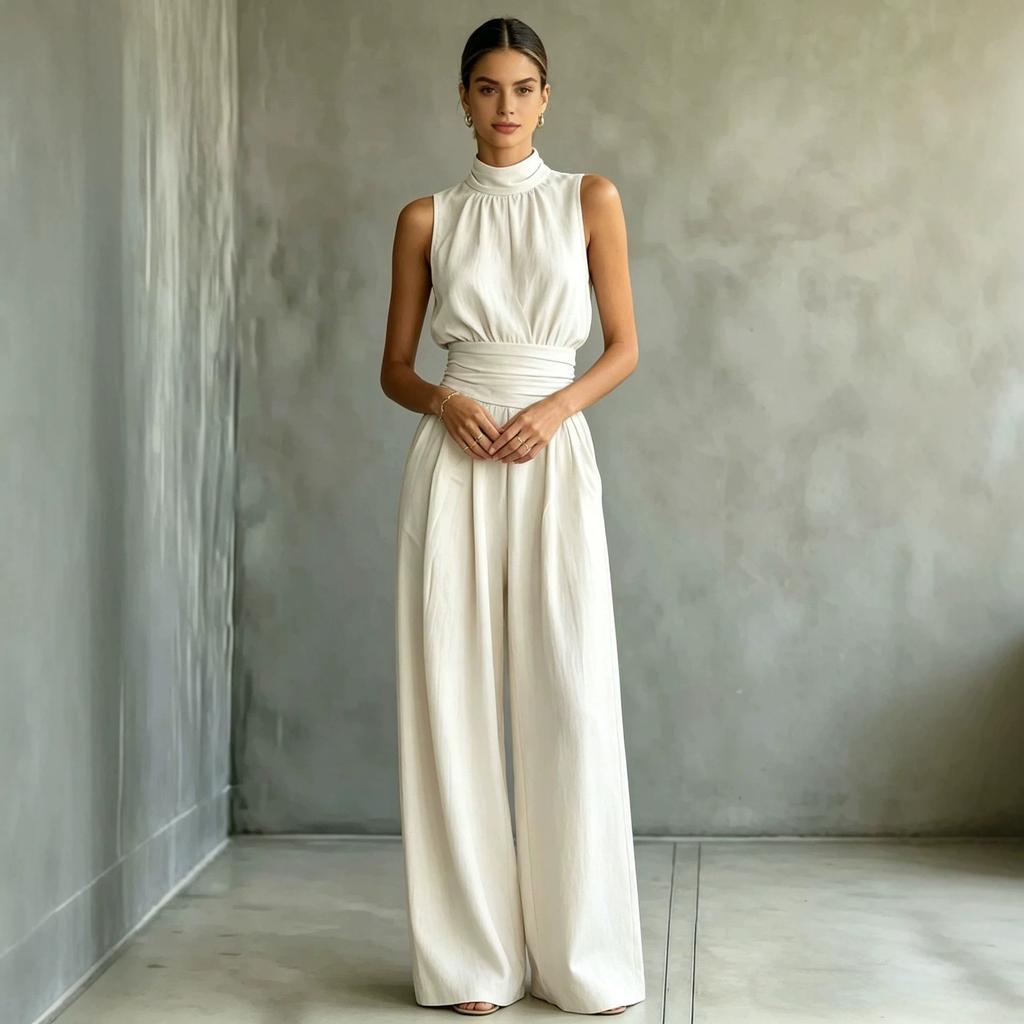 Europa e America estate 2026 tuta senza maniche con collo semi-alto a gamba larga da donna tinta unita casual moda pantaloni