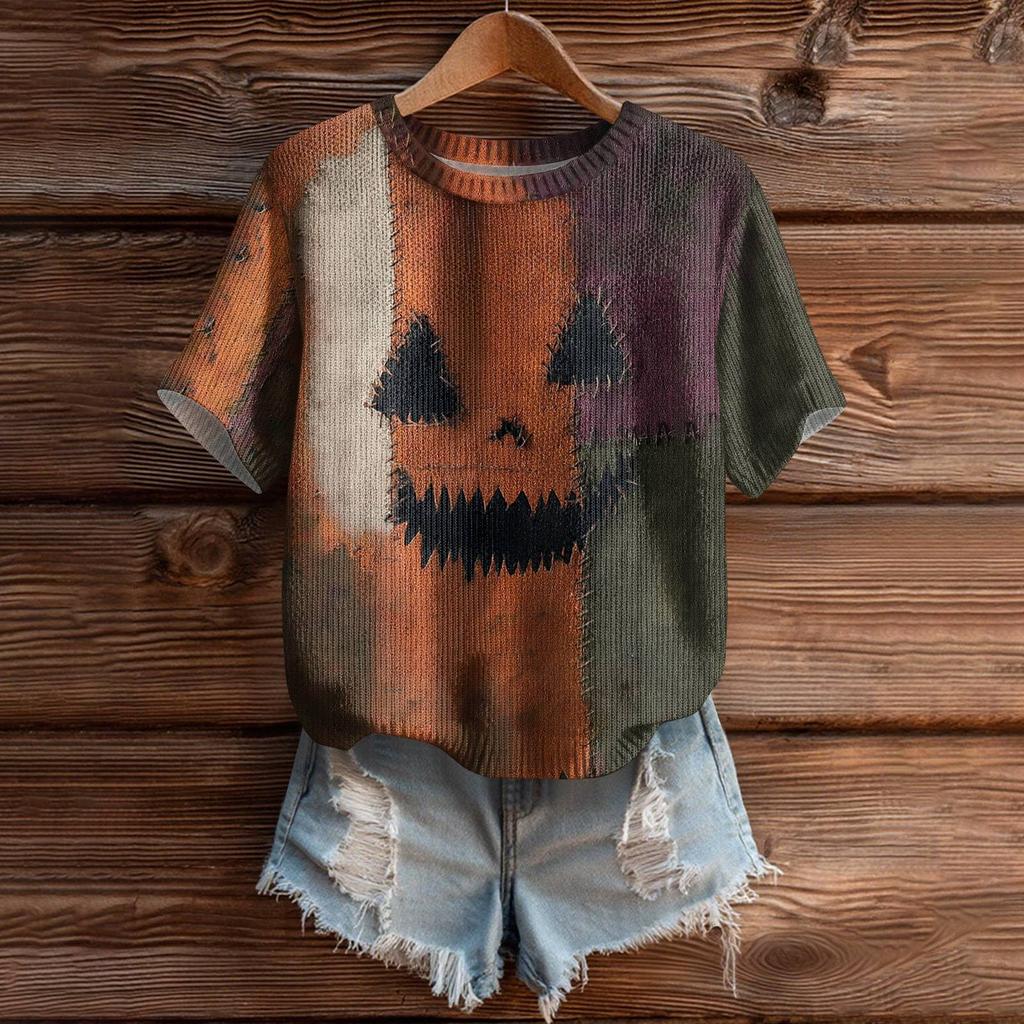 Women's Cute Sweater Knitted Fashion Casual Round-neck Short-sleeved  Cozy Print Top