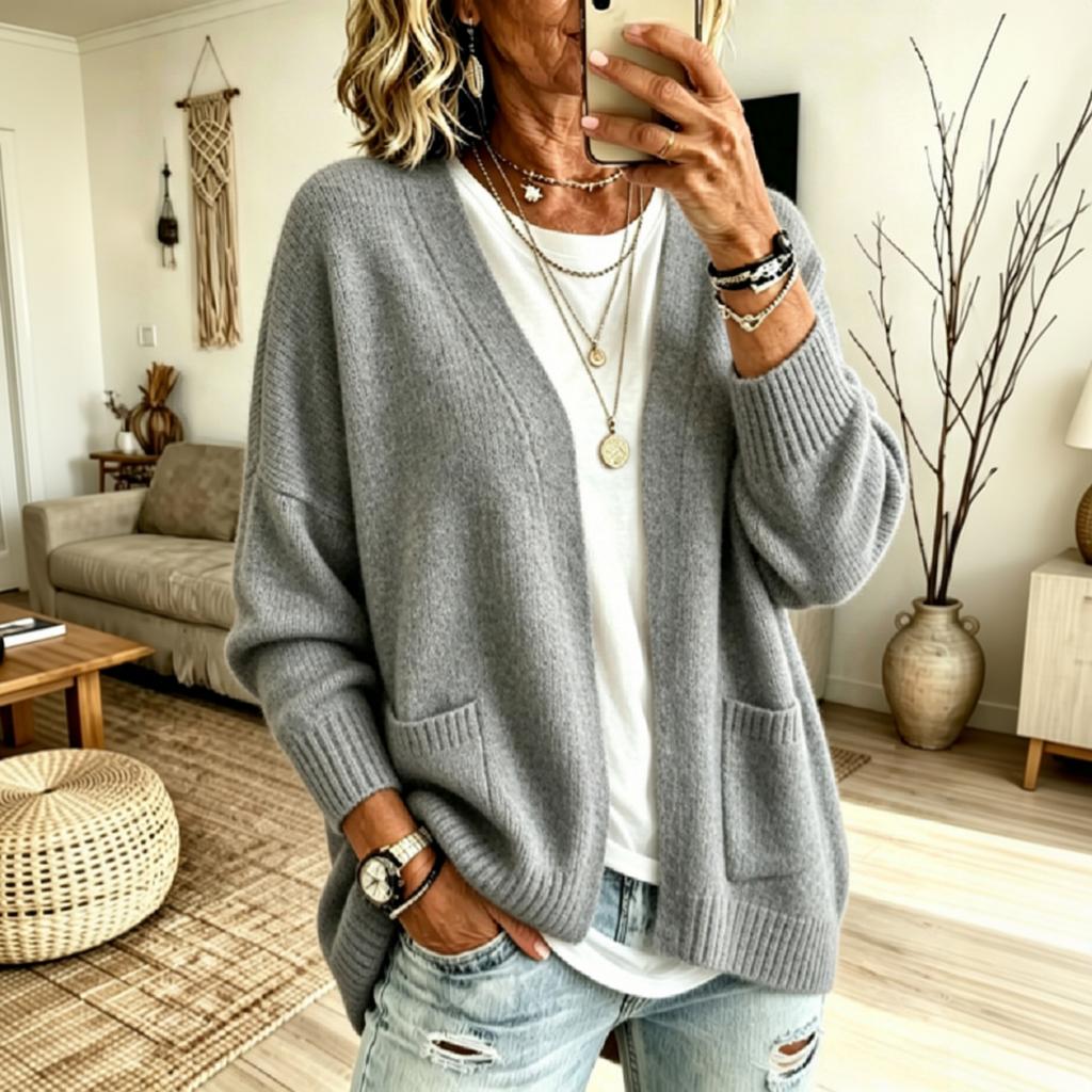 Women's Color Long Sleeve Loose Fit Cardigan Sweater with Pockets for Casual Daily Wear