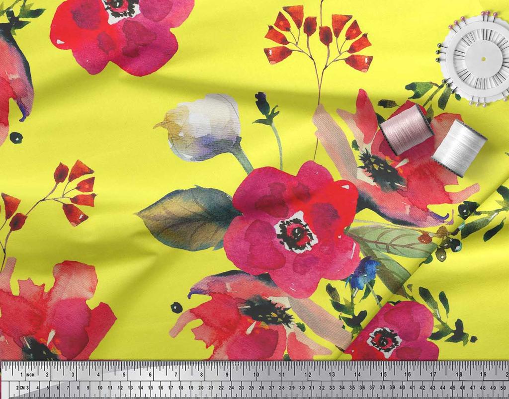 Soimoi Japan Crepe Satin Fabric Leaves & Poppy Flower Print Sewing Fabric Metre 42 Inch