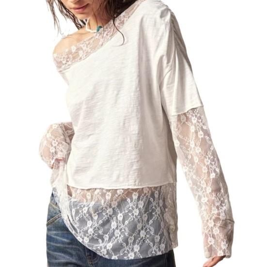 

Women Tops Asymmetrical Neckline Lace Cuffs Dropped Shoulder Design Casual Tops Pure Color Lace Splicing Layering Shirt L белый
