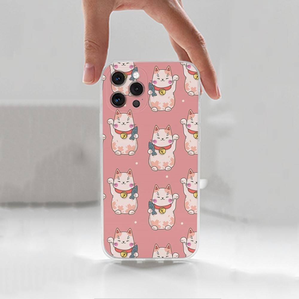 Cartoon Lucky Cat  Case For iPhone 15,11,12,13,16,14,17,Pro,Max,Plus,SE,Mini,X,XS,XR, Transparent Soft Silicone iPhone12