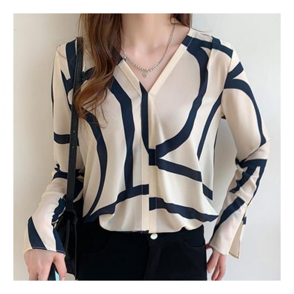 NaVaVa Women Vintage Line Point V Neck Long sleeVe Blouse Nb1957