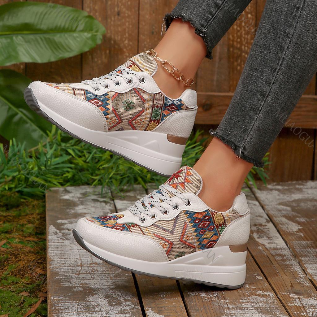 Women's Shoes Spring Autumn Casual Sneakers Wedges Ethnic Style Colorblocking Round Toe Vulcanize Shoes Lace Up Large Size Tenis