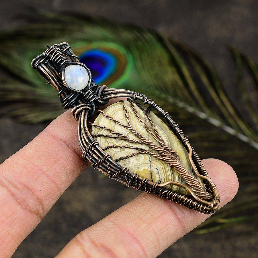 Natural Crazy Lace Agate, Moonstone Gemstone Copper Wire Wrap Pendant 2.96" i4O94