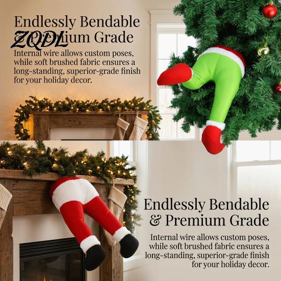 Funny Christmas Tree Leg Ornaments Elf Stuffed Ornaments, Santa Green/Red Legs Decorations, Poseable Creative Xmas Party Hanging Decor for Door Wreath