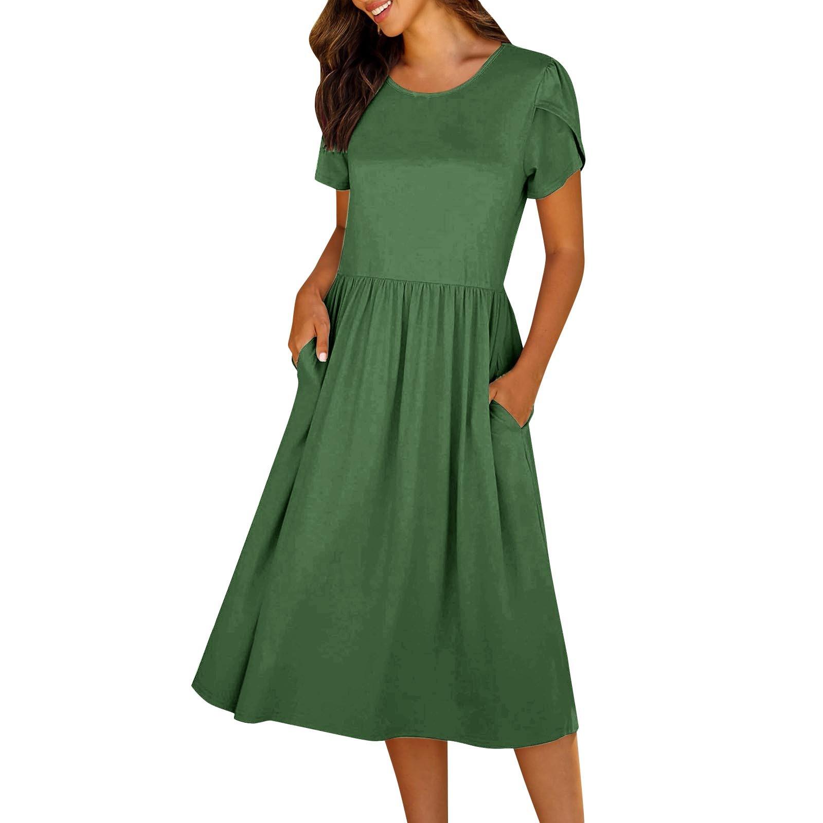 Женское повседневное однотонное платье с круглым вырезом и лепестками — фото 3