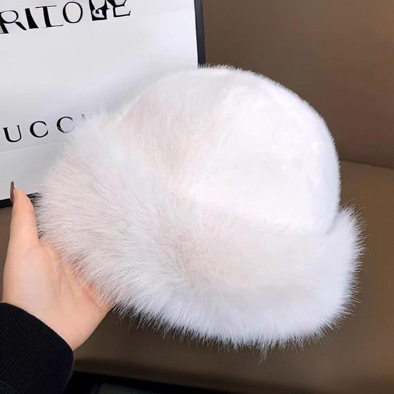 Women's Faux Mink Fur Mongolian Bucket Hat - Thick, Warm, Fashionable for Autumn & Winter, Small Face Effect