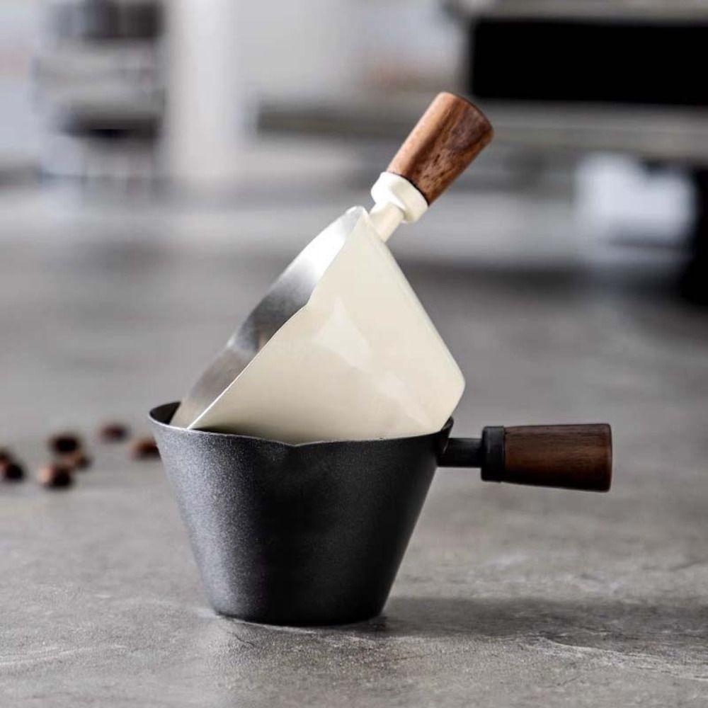 Wood Handle Coffee Measuring Cup Stainless Steel Pouring Cup Espresso Measuring Dosing Cup Milk